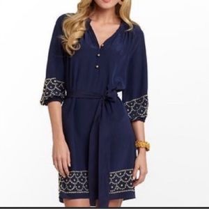 Lilly Pulitzer navy silk shift dress with gold stud details size XS